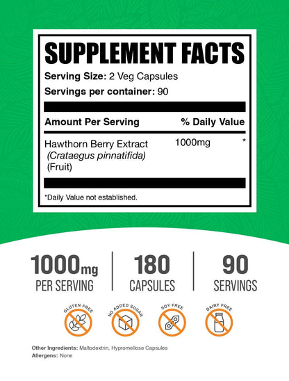Hawthorn Berry Capsules 1000mg - Gluten Free | BulkSupplements 180 Count