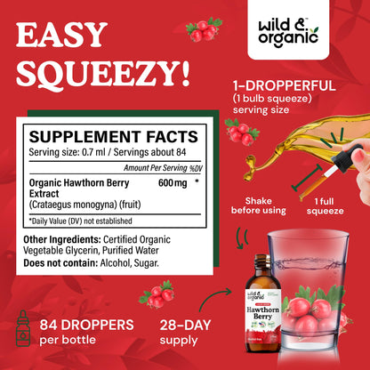 Wild & Organic Hawthorn Berry Extract Drops 600 mg | Vegan, Alcohol-Free | 2 oz