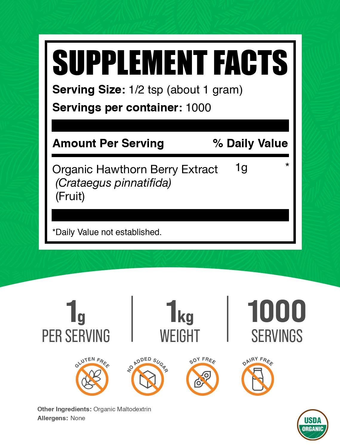 BulkSupplements Organic Hawthorn Berry Extract Powder – 1kg, Gluten Free