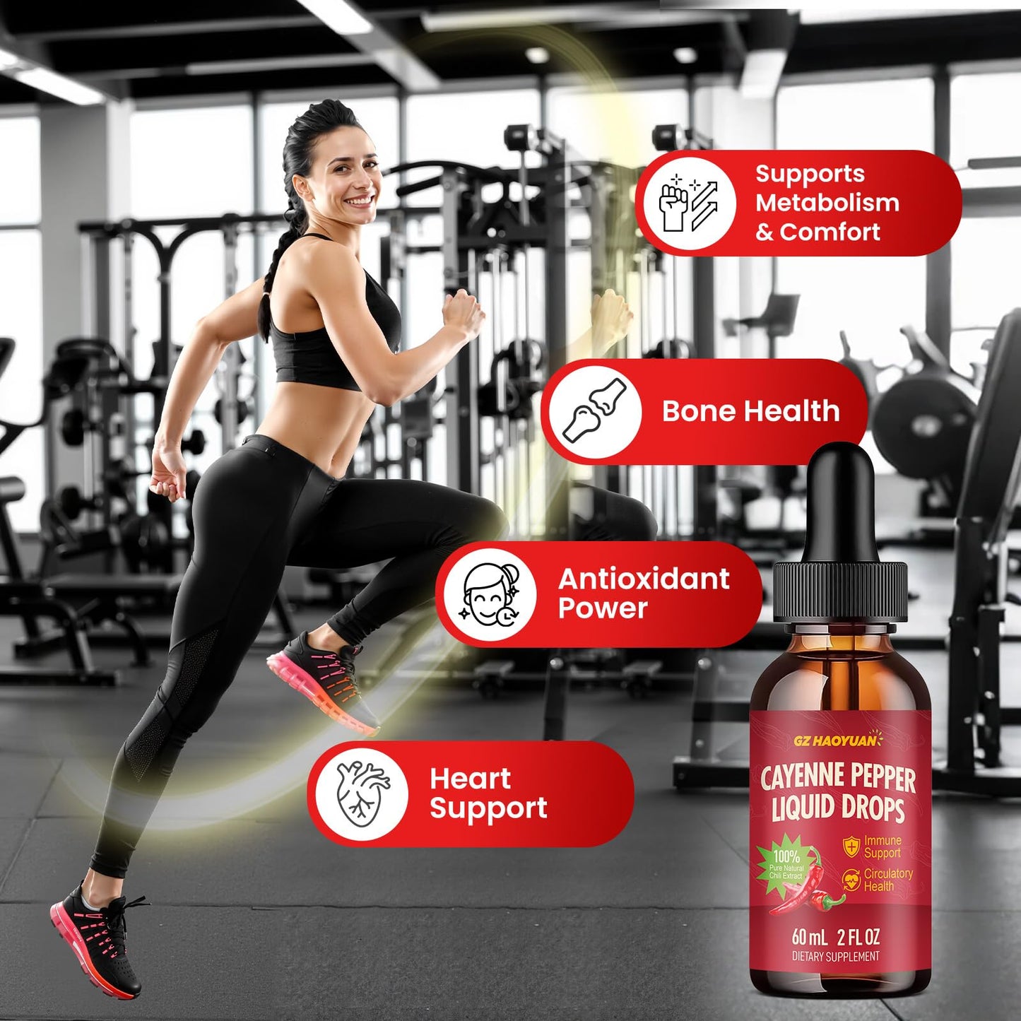 Cayenne Pepper Liquid Drops with Hawthorn, Turmeric Curcumin, Vitamin D3 K2 - 2 fl oz