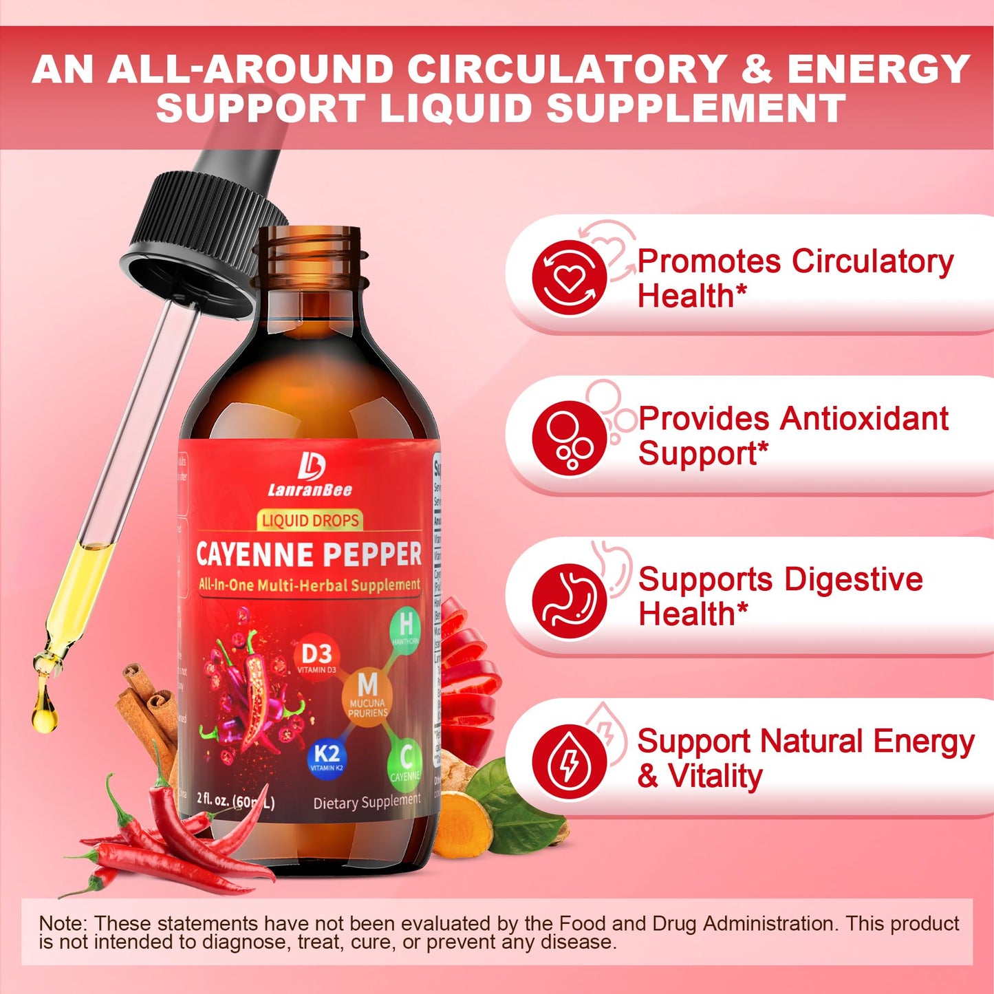 Cayenne Pepper Liquid Drops with Hawthorn & Vitamin D3 K2 – 2 fl oz | Vegan, Non-GMO