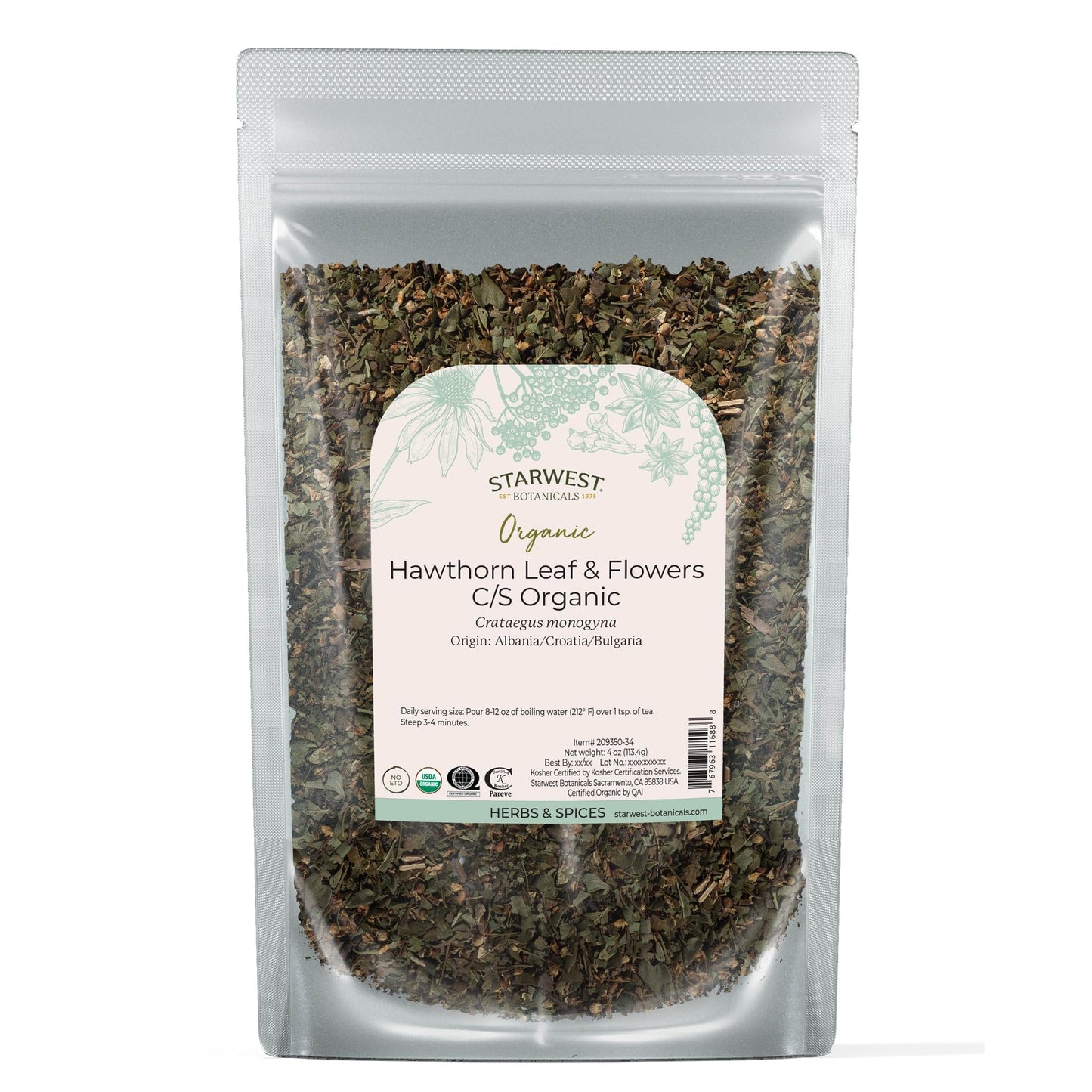 Starwest Hawthorn Leaves & Flowers - Organic Dried Hawthorn Tea, 4 oz