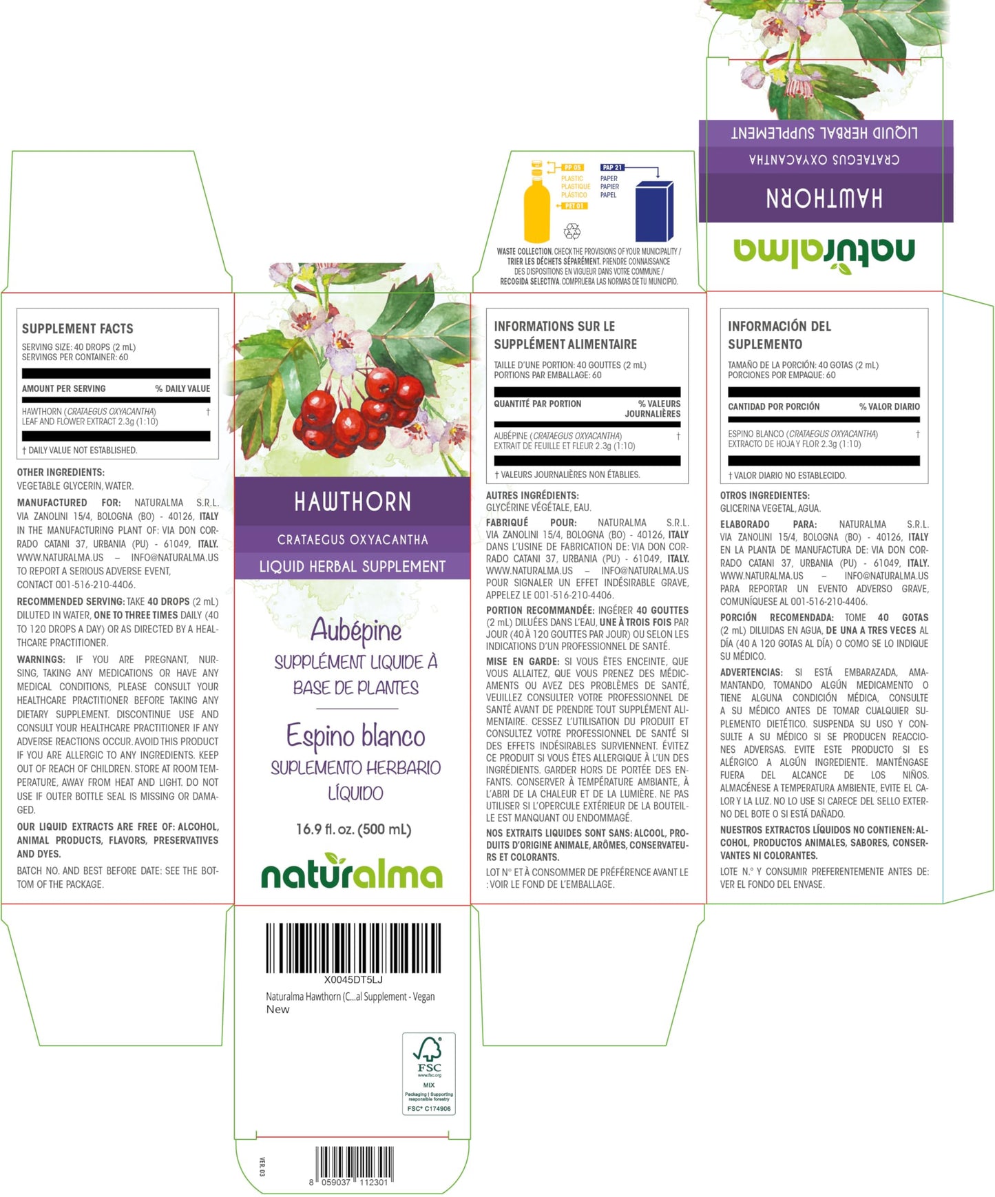Naturalma Hawthorn Leaf & Flower Tincture - Alcohol-Free, 16.9 oz Drops (Vegan)