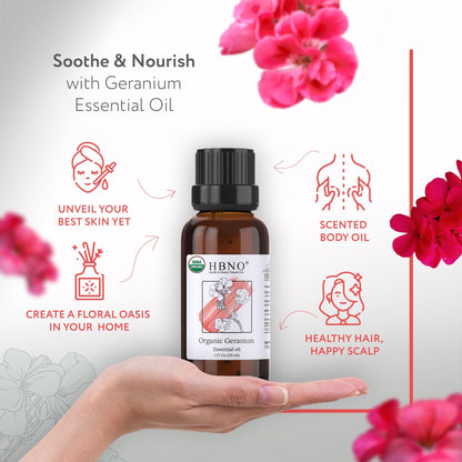 HBNO Organic Geranium Essential Oil - 1 oz (30 ml) | USDA Certified Organic