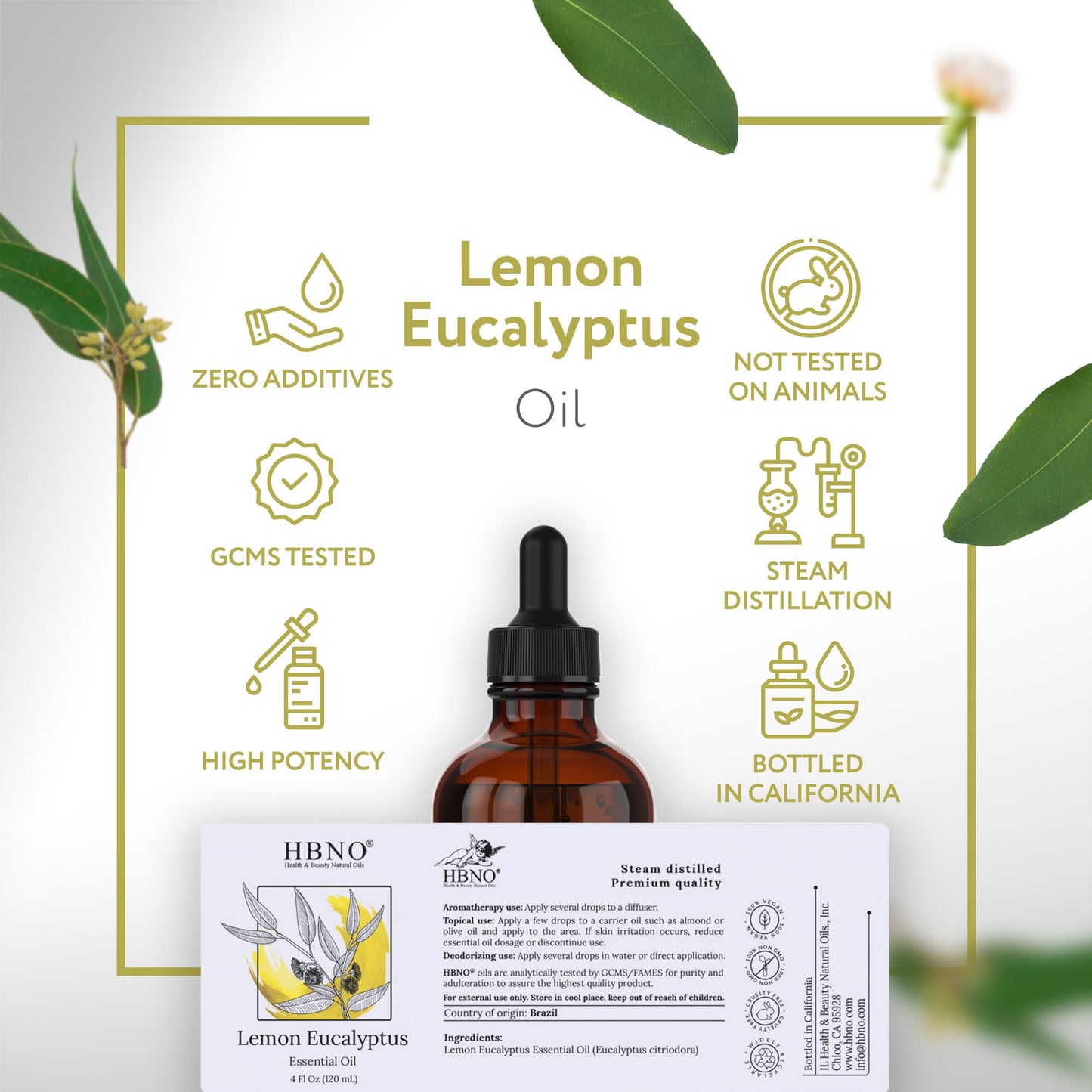 HBNO Lemon Eucalyptus Essential Oil - 4 oz (120 ml) - Natural | Cleaning, Aromatherapy & DIY