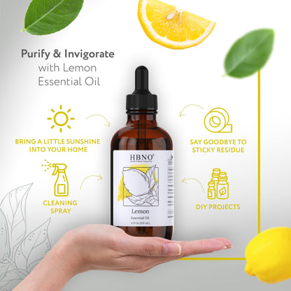 HBNO California Bottled Lemon Essential Oil 4 oz (120 ml) - Premium Grade, Cold-Pressed, Ideal for Cleaning