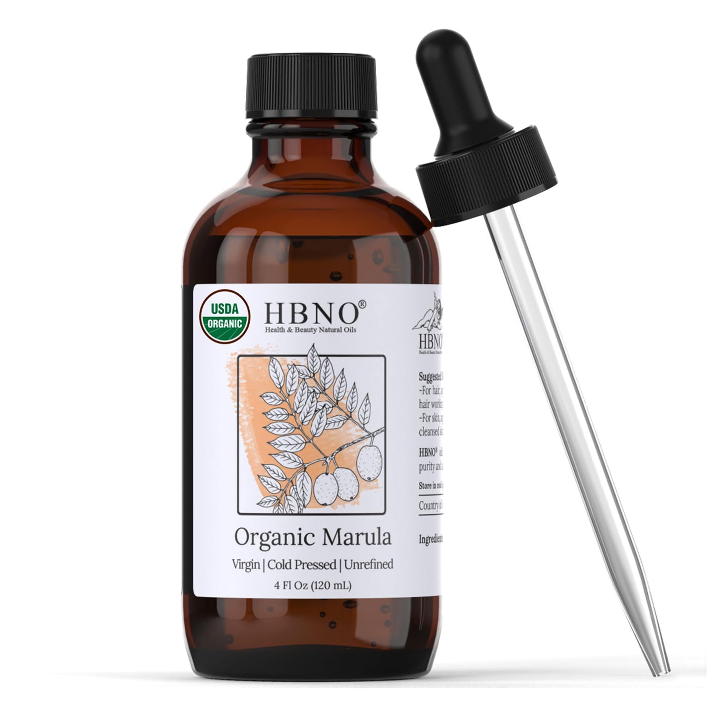 HBNO Organic Marula Oil – 4 oz (120 ml), USDA Certified Organic, Cold-Pressed for Face, Body, Lips & Hair