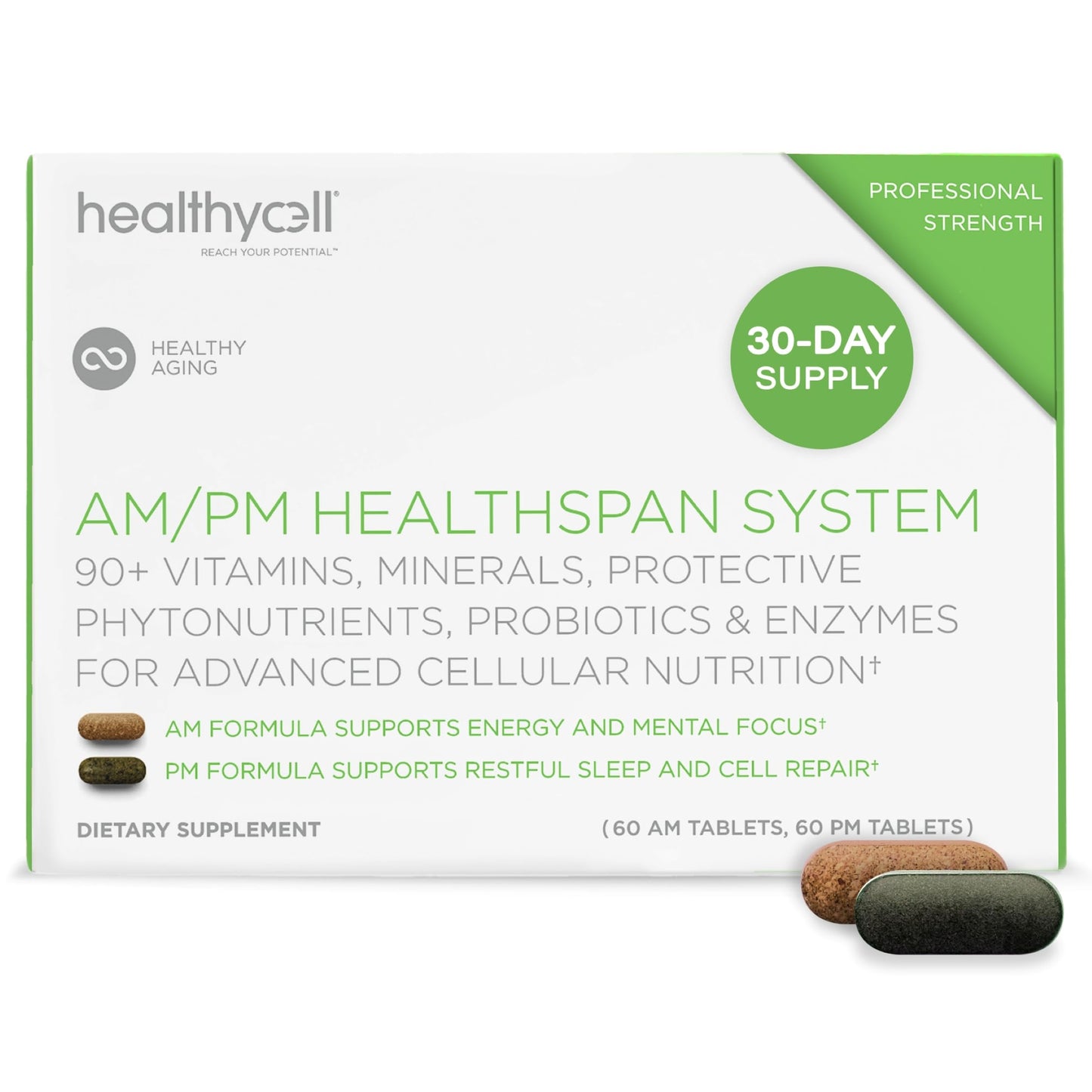HealhtyCell AM/PM Healthspan System - 90+ Vitamins, Minerals, Protective Phytonutrients, Probiotics & Enzymes for Advanced Cellular Nutrition - 60 AM Tablets & 60 PM Tablets