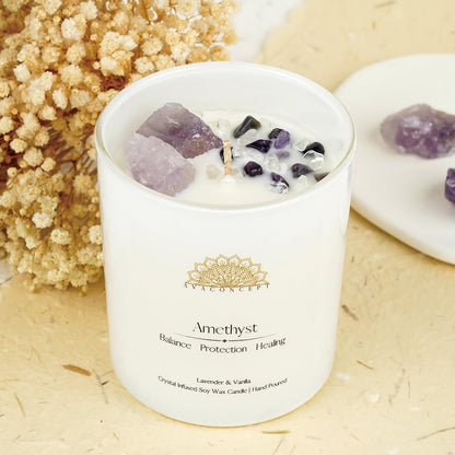 Healing Crystal Candle – Amethyst & Clear Quartz, Lavender & Vanilla, 10oz Jar