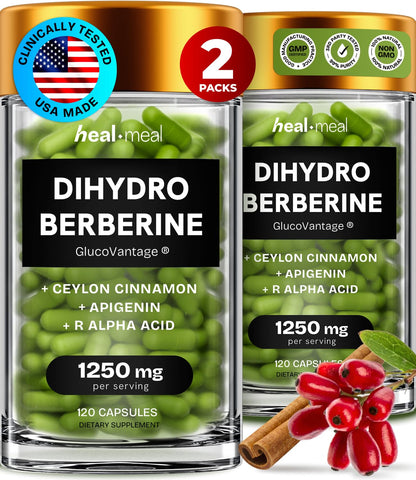 HealMeal Dihydroberberine Supplement - Enhanced Absorption Berberine with Cinnamon & R Alpha Lipoic Acid - 240 Caps (2 Packs)