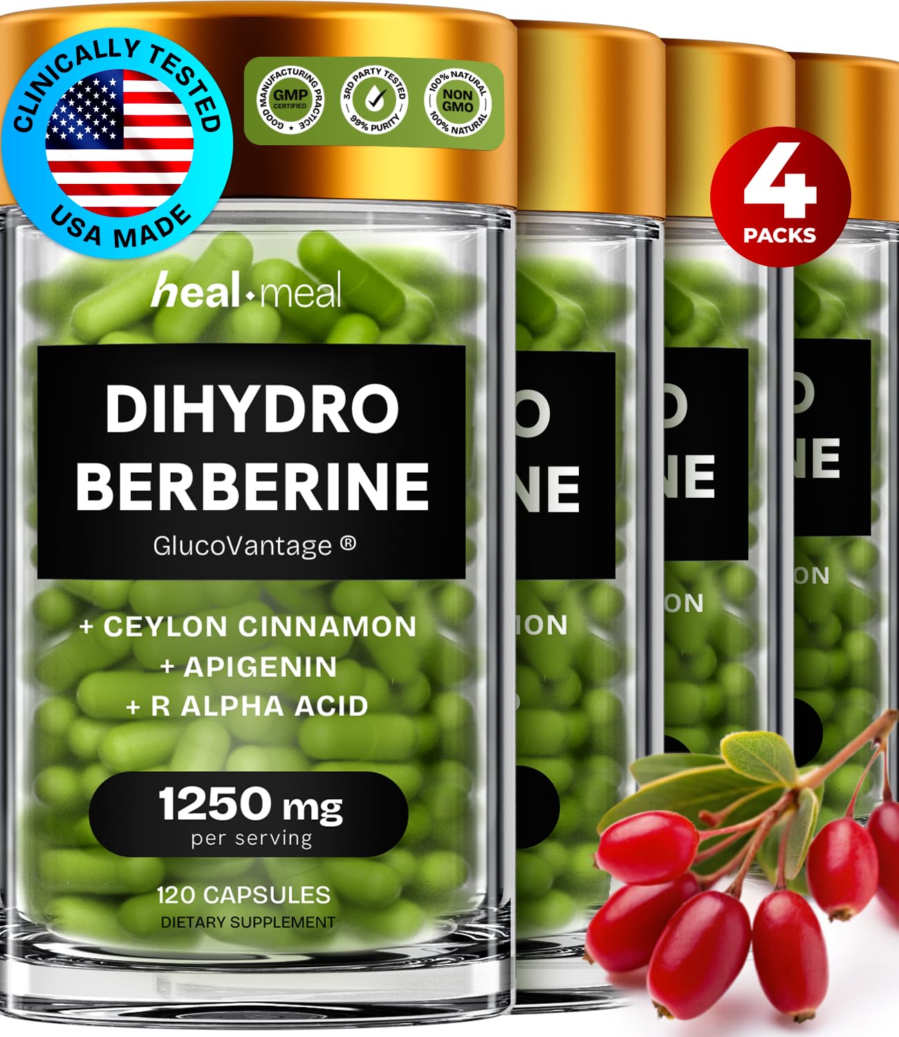 HealMeal Dihydroberberine Supplement - Enhanced Absorption with Cinnamon & R Alpha Lipoic Acid - 480 Caps (4 Packs)