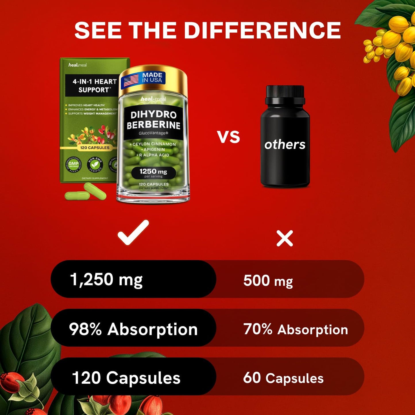 HealMeal Dihydroberberine Supplement - Enhanced Absorption with Cinnamon & R Alpha Lipoic Acid - 480 Caps (4 Packs)