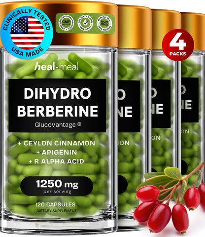 HealMeal Dihydroberberine Supplement - Enhanced Absorption with Cinnamon & R Alpha Lipoic Acid - 480 Caps (4 Packs)