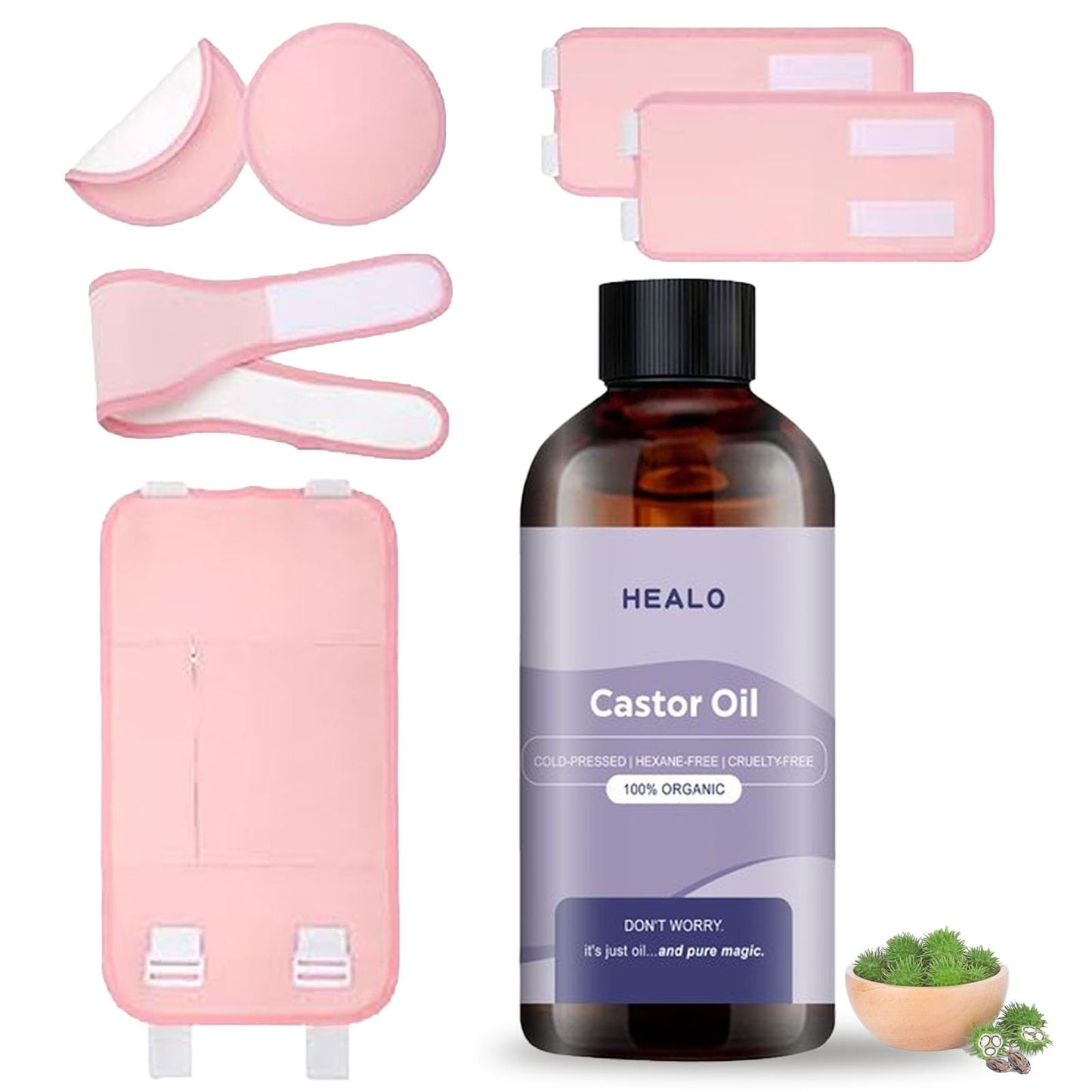 Healo Castor Oil Pack Wrap Kit | Organic Castor Oil for Stomach, Neck & Body | Adjustable, Reusable 3.38 oz