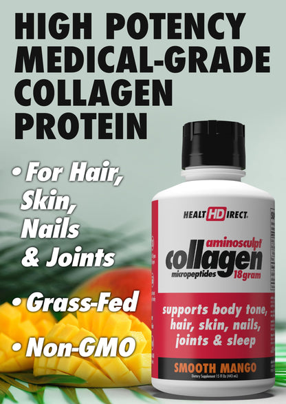 HEALTH DIRECT AminoSculpt Sugar-Free Liquid Collagen | Grass-Fed, Medical-Grade, Mango Flavor – 15 oz