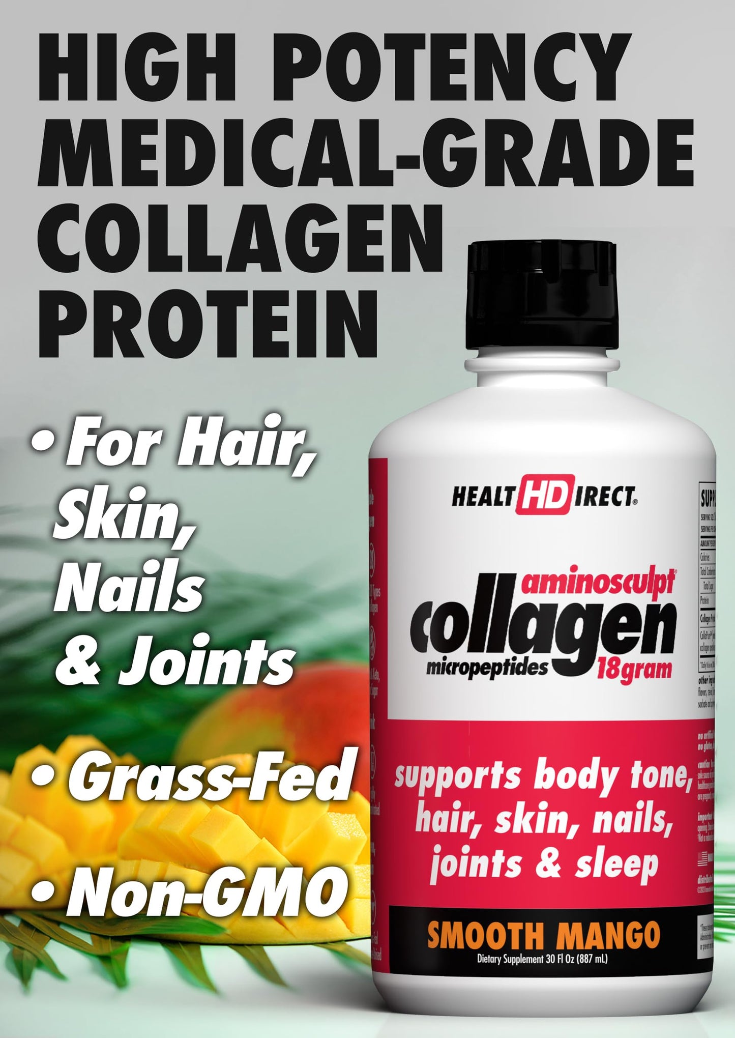 HEALTH DIRECT AminoSculpt Sugar-Free Liquid Collagen — High Potency, Grass-Fed, Mango | 30 oz