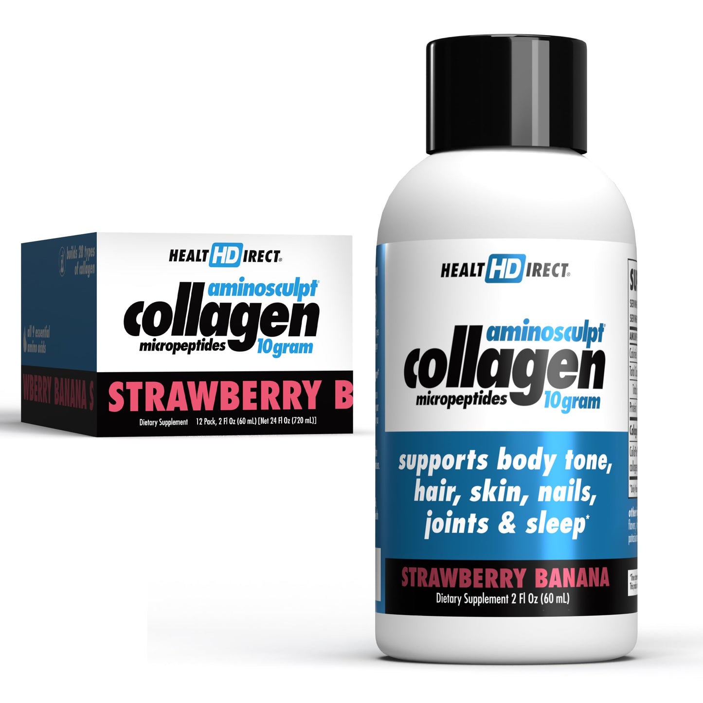 HEALTH DIRECT Medical-Grade Liquid Collagen Shots – AminoSculpt Sugar-Free Strawberry Banana (12 x 2oz)