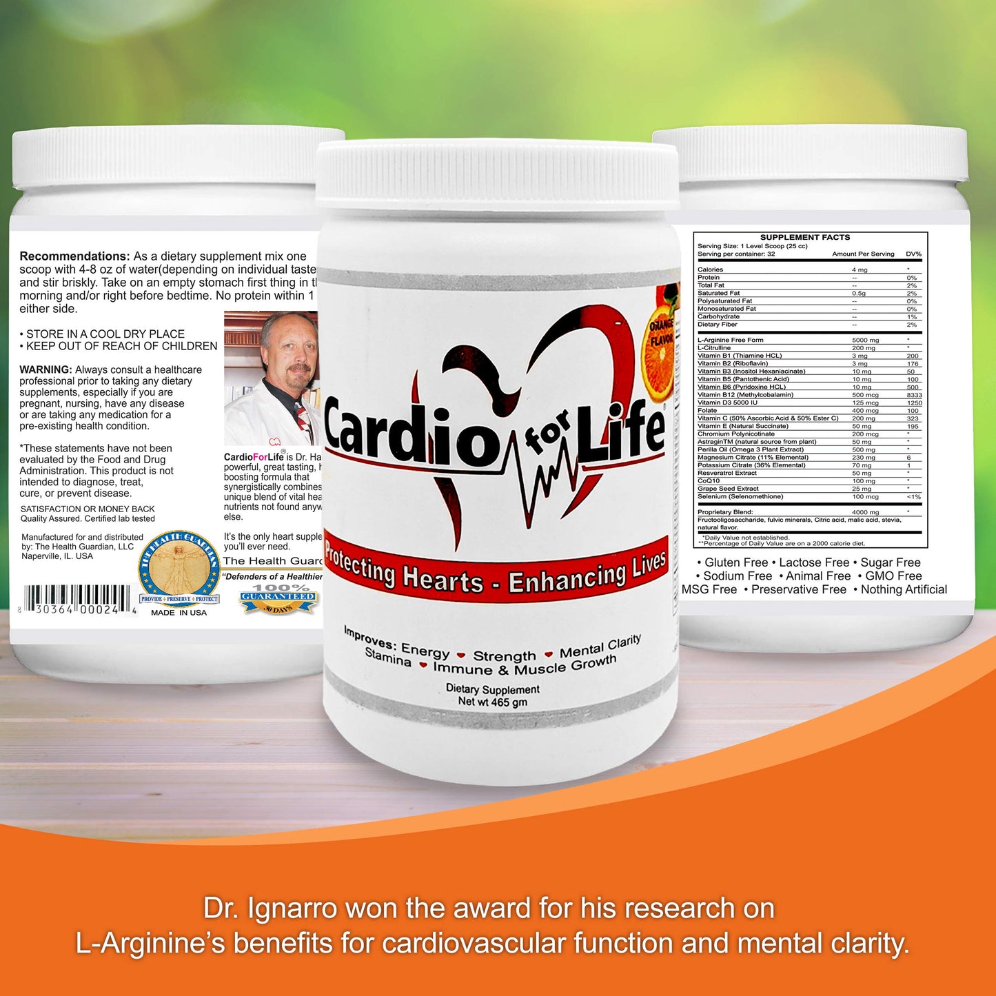 Health Guardian Cardio for Life L-Arginine Powder 16oz – Natural NO Support (Orange)