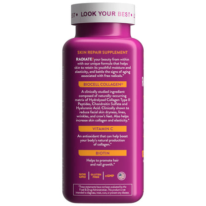 Health Logics Radiate | Hair Skin & Nails with Biotin, BioCell Collagen, Vitamin C, Hyaluronic Acid | Clinically Evaluated to Reduce Facial Lines, Wrinkles, Crows Feet & Promote Joint Comfort