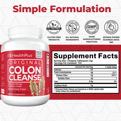 Health Plus Colon Cleanse Digestive Support - All-Natural Daily Fiber for Regularity & Bloating Reduction | Heart Health | 48 oz, 194 Servings