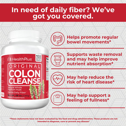 Health Plus Colon Cleanse Digestive Support - All-Natural Daily Fiber for Regularity & Bloating Reduction | Heart Health | 48 oz, 194 Servings