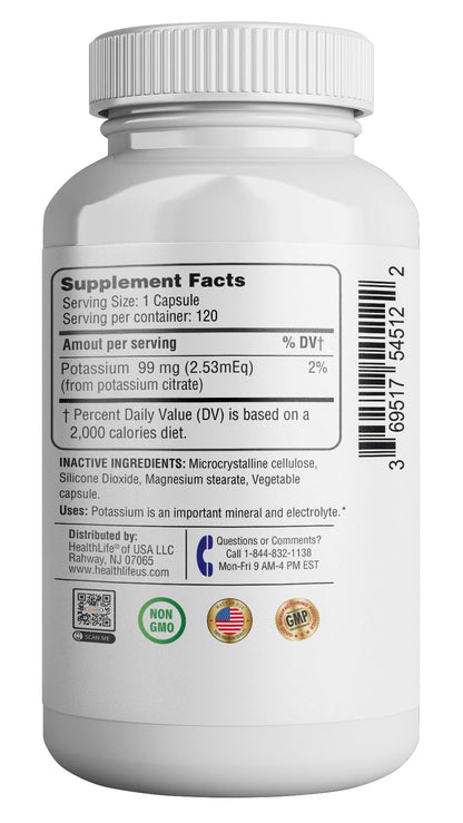 Potassium Citrate Capsule 99mg – Essential Electrolyte for Nerve, Muscle & Heart Health (120 Capsules)