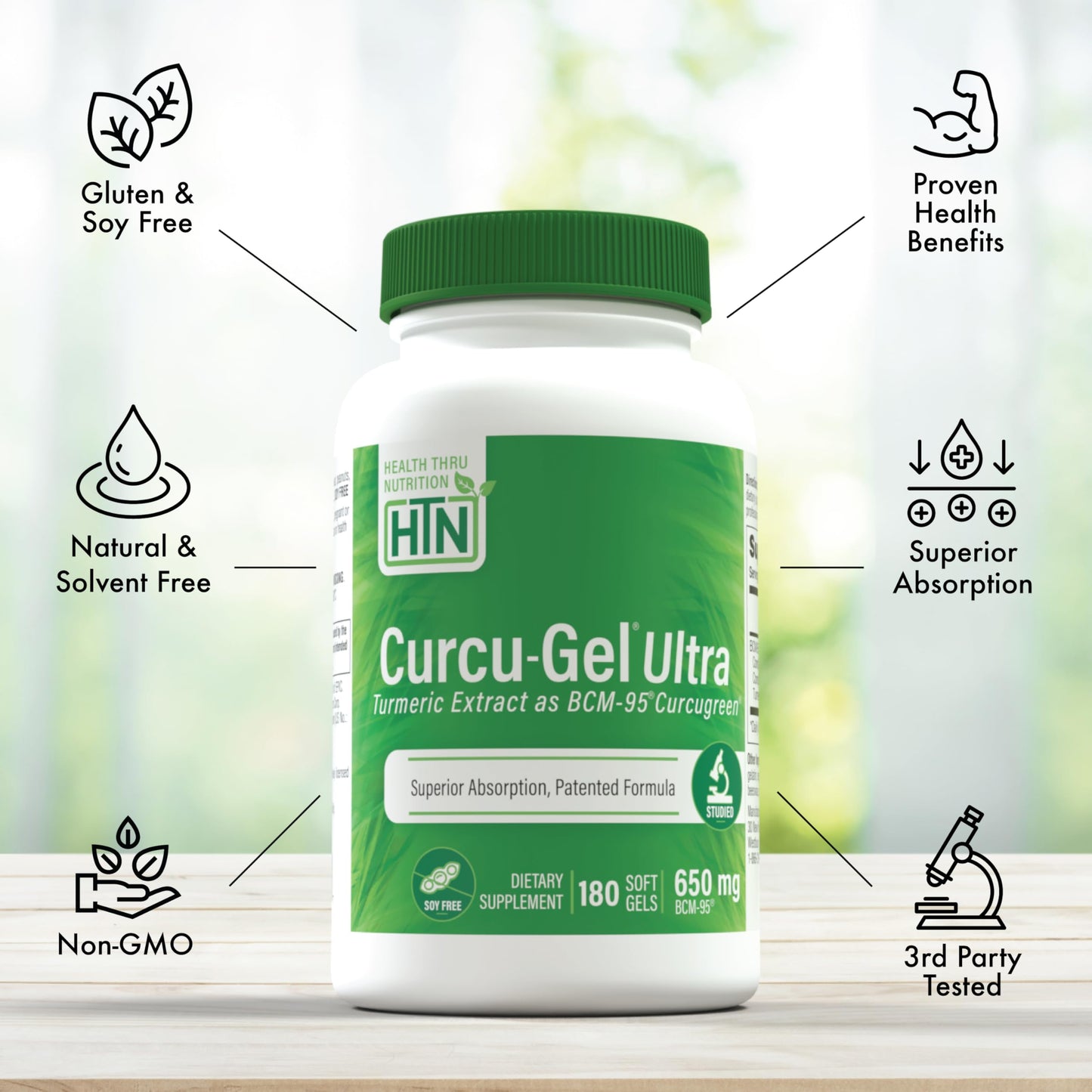 Health Thru Nutrition Curcu-Gel 650mg BCM-95 CurcuGreen Turmeric Curcumin – High Absorption, Non-GMO, 180 Count