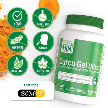 Health Thru Nutrition Curcu-Gel 650mg BCM-95 CurcuGreen Turmeric Curcumin – High Absorption, Non-GMO, 180 Count