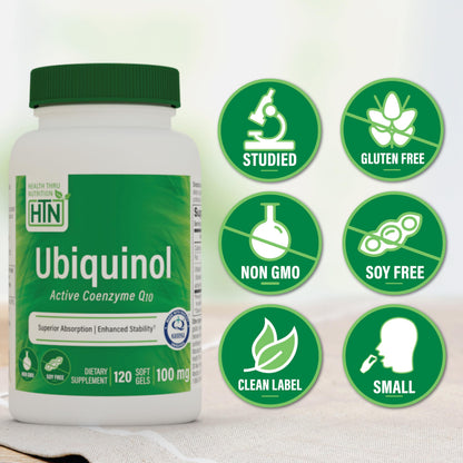Health Thru Nutrition Ubiquinol 100mg - Kaneka QH, 120 Softgels, 3rd-Party Tested, Enhanced Bioavailability, Non-GMO