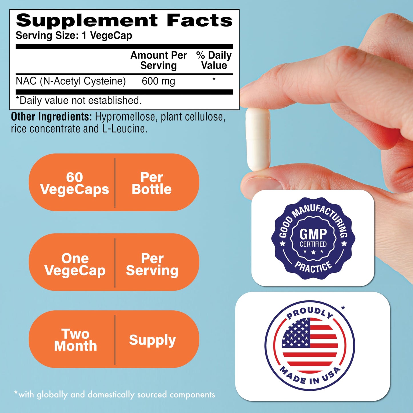 Health Thru Nutrition NAC N-Acetyl-Cysteine 600mg – Vegan Certified, Non-GMO, Gluten & Soy Free | 60 Capsules