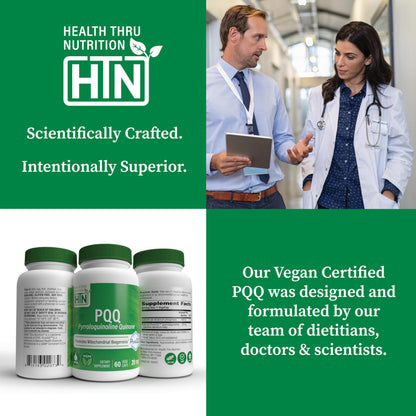Health Thru Nutrition PQQ 20mg 60 Servings Pyrroloquinoline Quinone as PureQQ | Promotes Mitochondrial Biogenesis | Certified Vegan | Non-GMO Gluten Soy Free Capsules| Clean Label PQQ Supplement