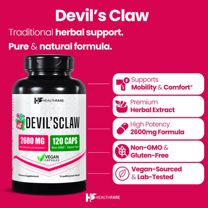 Healthfare Devils Claw Root 2600mg – 120 Vegan Capsules | Joint Support | Non-GMO, Gluten-Free | Made in USA