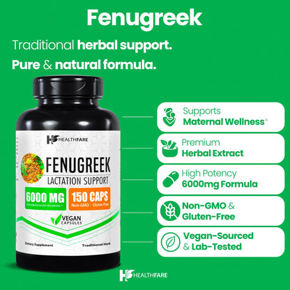 Healthfare Fenugreek Seed Extract 6000mg – 150 Vegan Capsules | Made in USA