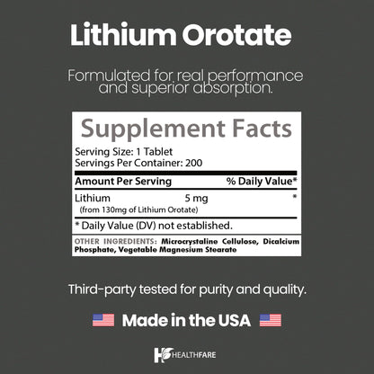 HealthFare Lithium Orotate 130mg | 200 Tablets | Made in USA