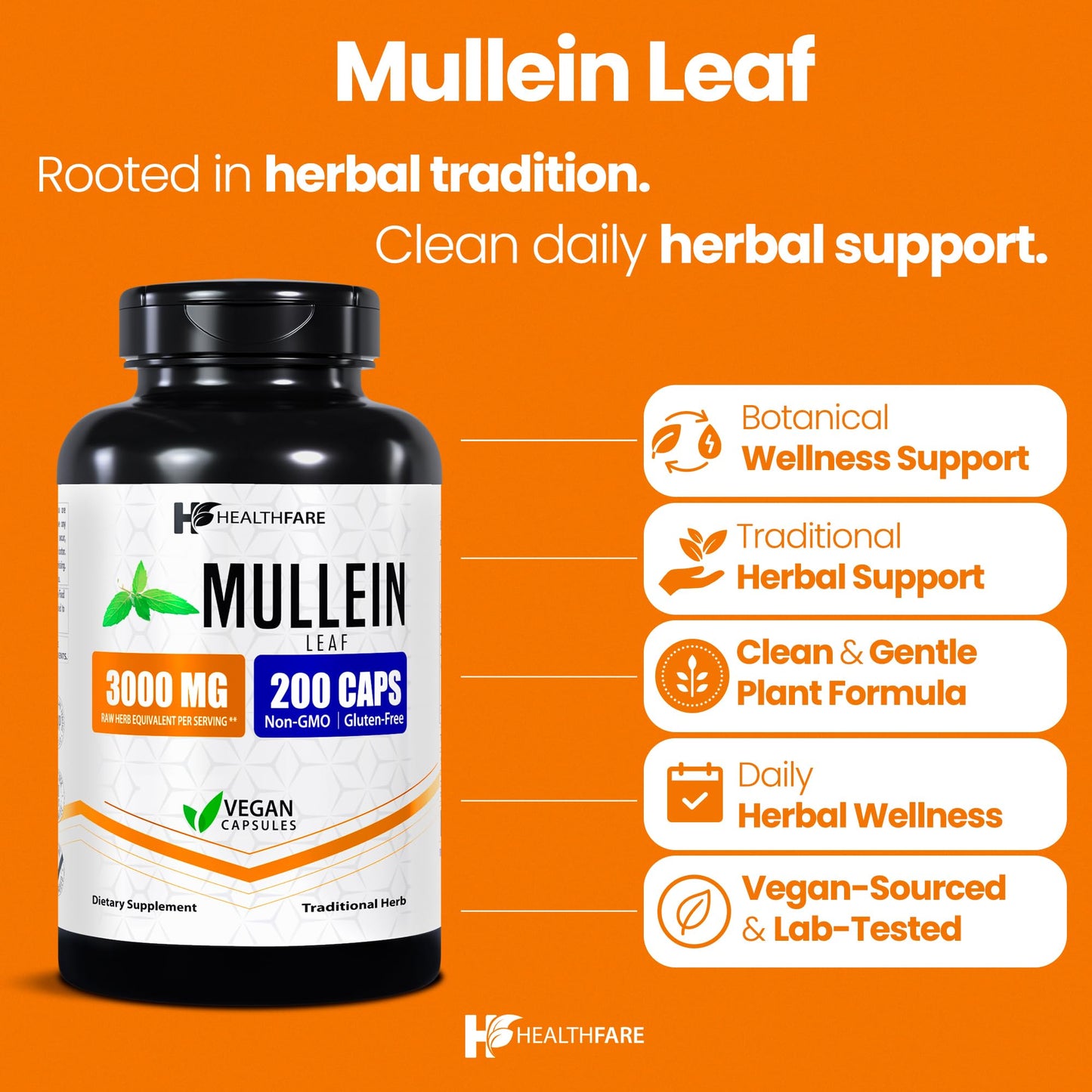 Healthfare Mullein Leaf Extract 3000mg | 200 Vegan Capsules | Extra Strength Herbal Supplement | Non-GMO, Gluten-Free | Made in USA