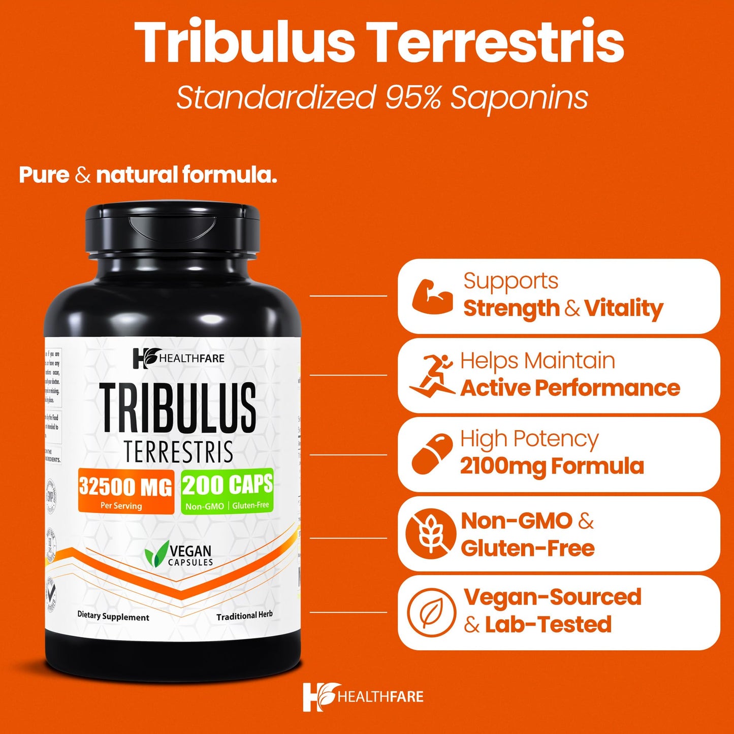 HealthFare Tribulus Terrestris for Men & Women | 32,500mg Ultra Potency Extract | 95% Saponins | 200 Capsules | Natural Strength, Energy & Stamina | Non-GMO, Gluten-Free, Made in USA