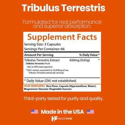 HealthFare Tribulus Terrestris for Men & Women | 32,500mg Ultra Potency Extract | 95% Saponins | 200 Capsules | Natural Strength, Energy & Stamina | Non-GMO, Gluten-Free, Made in USA
