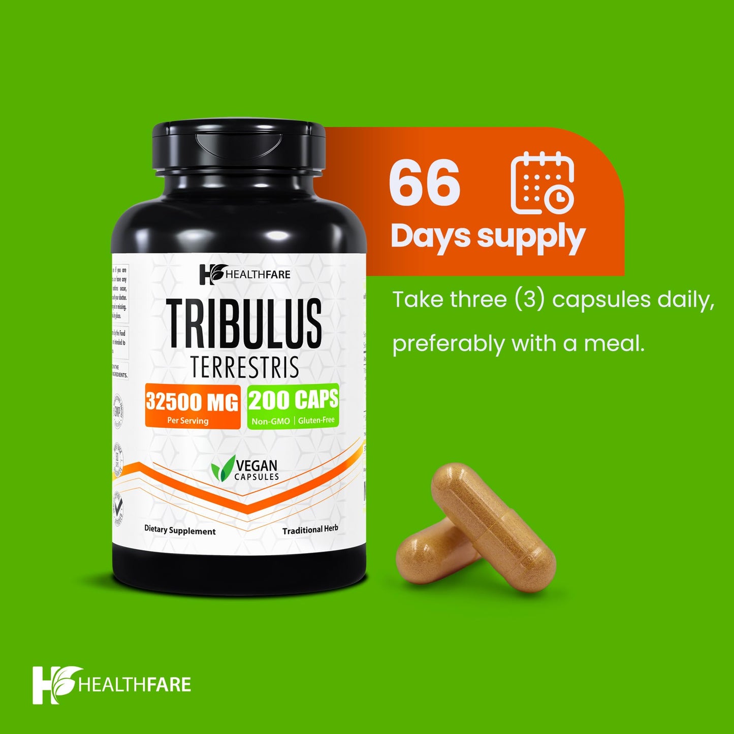 HealthFare Tribulus Terrestris for Men & Women | 32,500mg Ultra Potency Extract | 95% Saponins | 200 Capsules | Natural Strength, Energy & Stamina | Non-GMO, Gluten-Free, Made in USA
