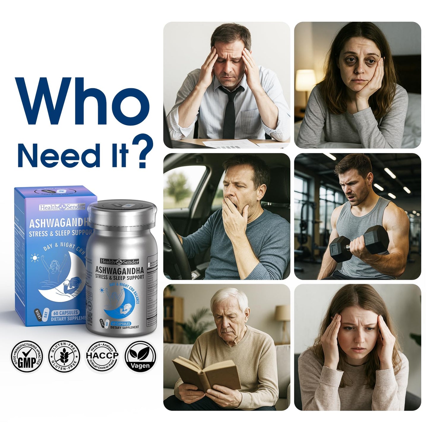 HealthSender Cortisol-Manager – Dual-Formula Ashwagandha & Rhodiola for Mood, Sleep & Focus
