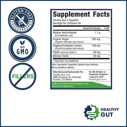 Healthy Gut HCL Guard+ | Supports Digestive Function with Betaine HCl, Ginger, DGL, Pepsin | 60 Servings