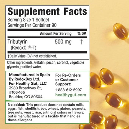 Healthy Gut Tributyrin-X | Most Bioavailable Butyrate Postbiotic for Gut Health & Leaky Gut Support | 99.9% Pure Odorless Softgels | 90 Softgels