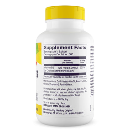 Healthy Origins Vitamin D3 (Lanolin) 5,000 IU Softgel – Bone Health & Immune Support | Gluten-Free, 360 Softgels