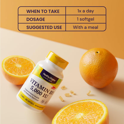 Healthy Origins Vitamin D3 (Lanolin) 5,000 IU Softgel – Bone Health & Immune Support | Gluten-Free, 360 Softgels