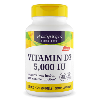 Healthy Origins Vitamin D3 5,000 IU – Non-GMO, Gluten Free, 120 Softgels