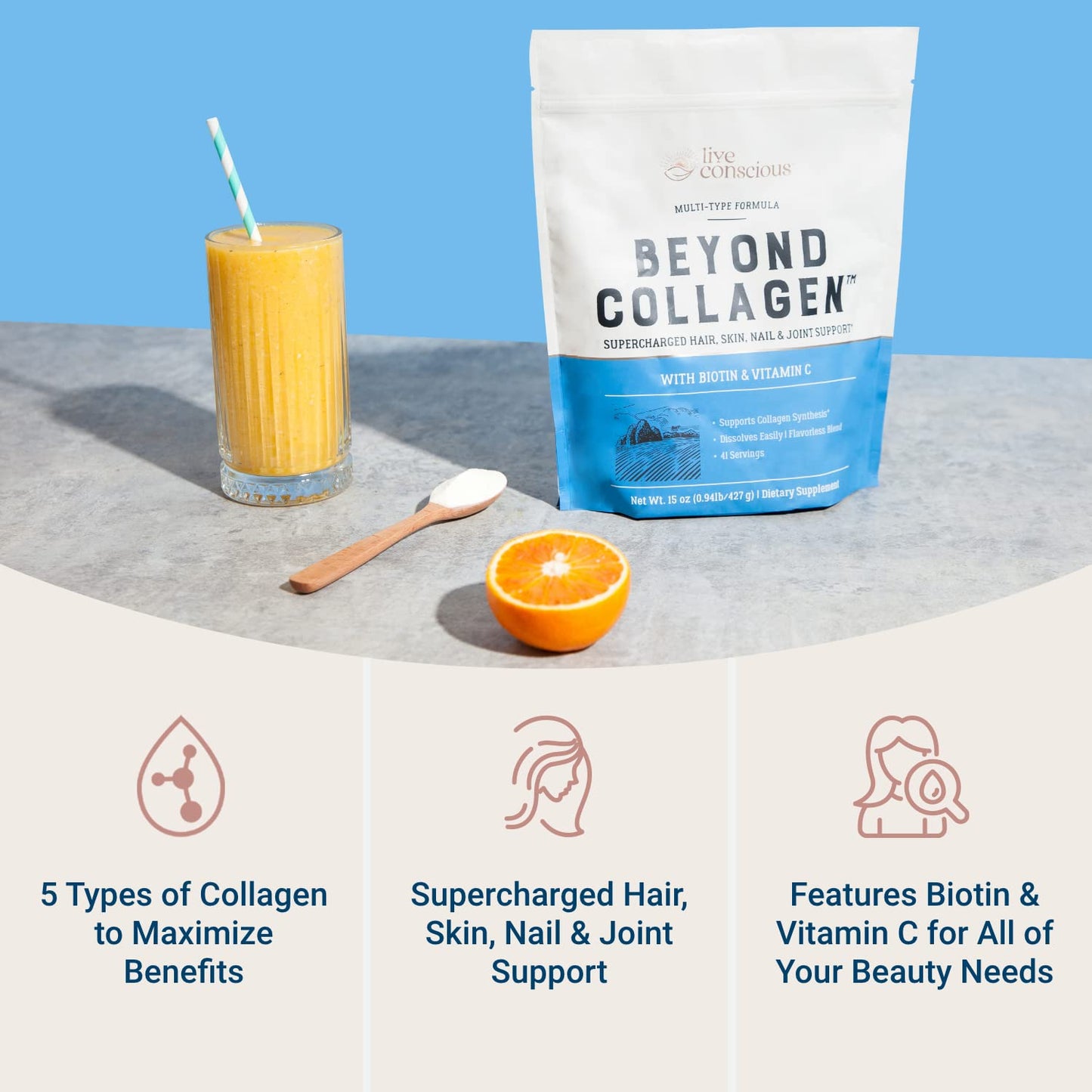 Live Conscious Beyond Collagen Powder for Women – 5 Types I, II, III, V & X, Biotin & Vitamin C, 41 Servings, Keto-Friendly