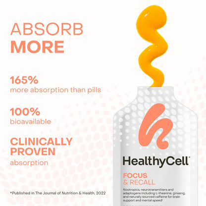 HealthyCell Focus & Recall | Daily Liquid Brain Supplement for Focus & Memory (30 Gel Packs)