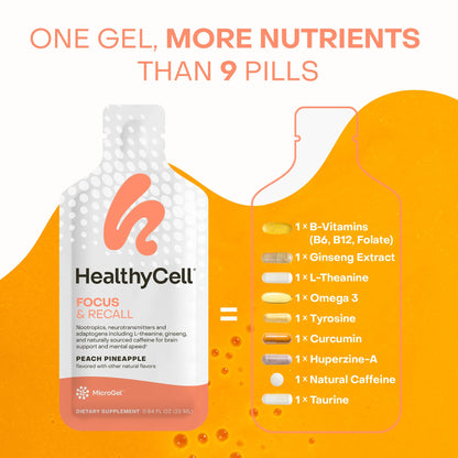 HealthyCell Focus & Recall | Daily Liquid Brain Supplement for Focus & Memory (30 Gel Packs)