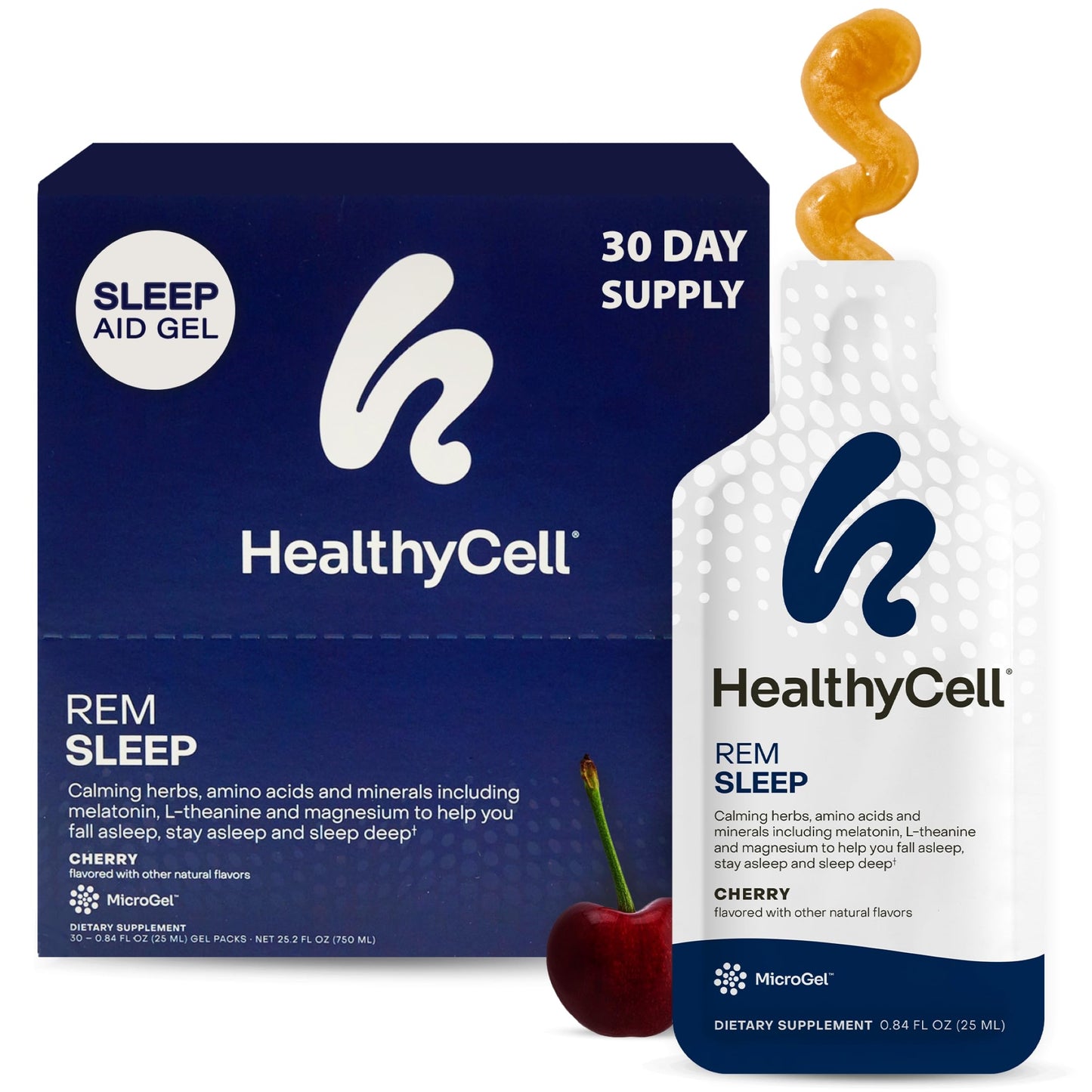 HealthyCell REM Sleep Aid – Extra-Strength Liquid Gel Sleep Support for Adults | Melatonin, Magnesium, L-Theanine, GABA, Cherry Flavor, 30 Gel Packs
