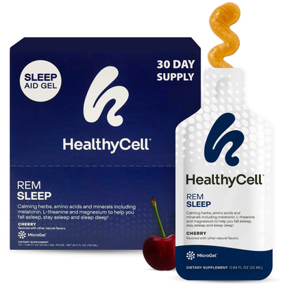 HealthyCell REM Sleep Aid – Extra-Strength Liquid Gel Sleep Support for Adults | Melatonin, Magnesium, L-Theanine, GABA, Cherry Flavor, 30 Gel Packs