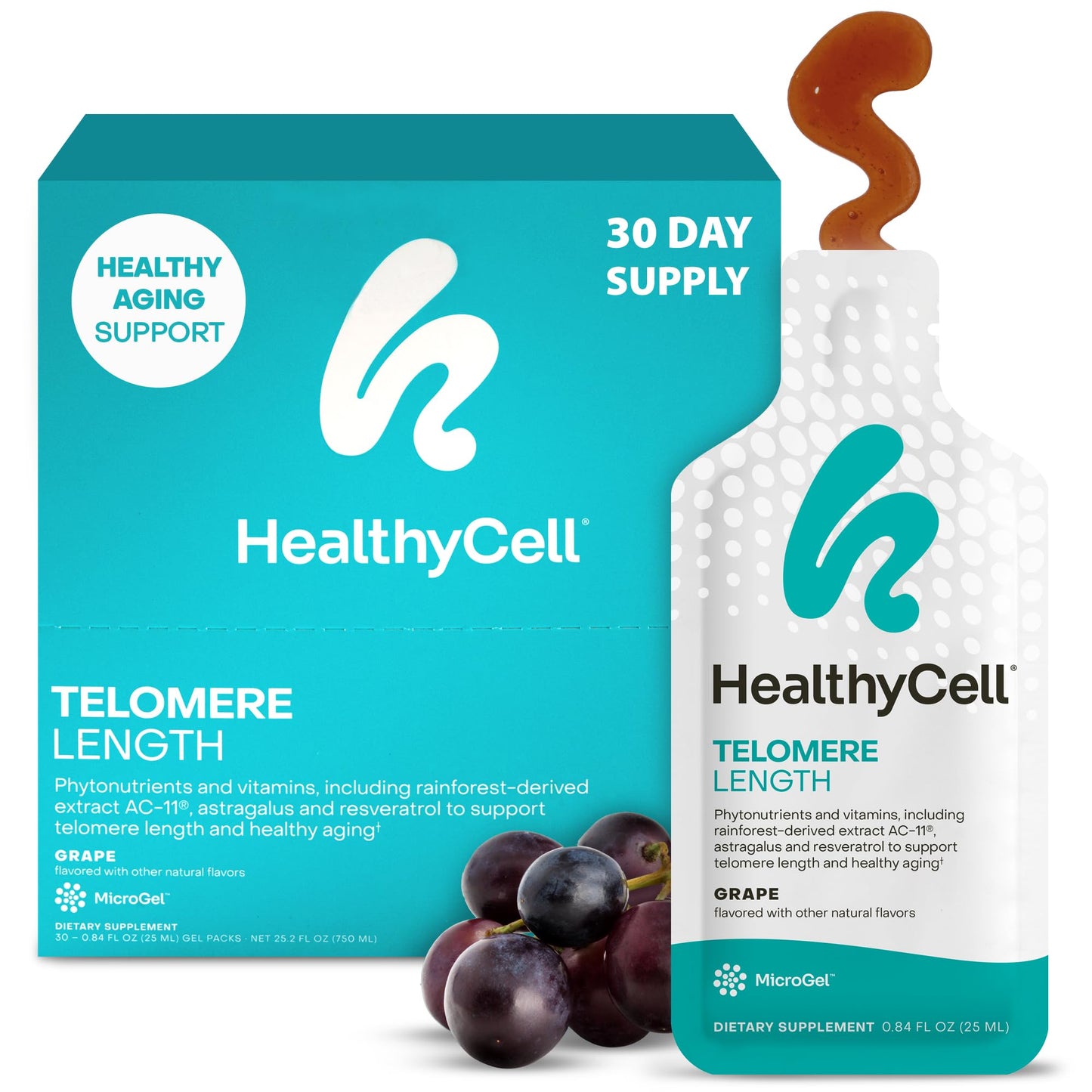 HealthyCell Telomere Length Supplement – AC-11, Astragalus & Resveratrol | 30 Grape Gel Packs